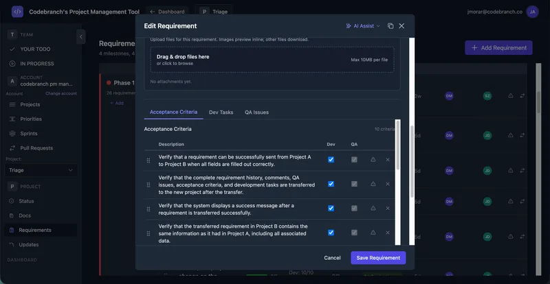 CodeBranch PM Tool — Editing a requirement with acceptance criteria, dev tasks, and QA issues linked together
