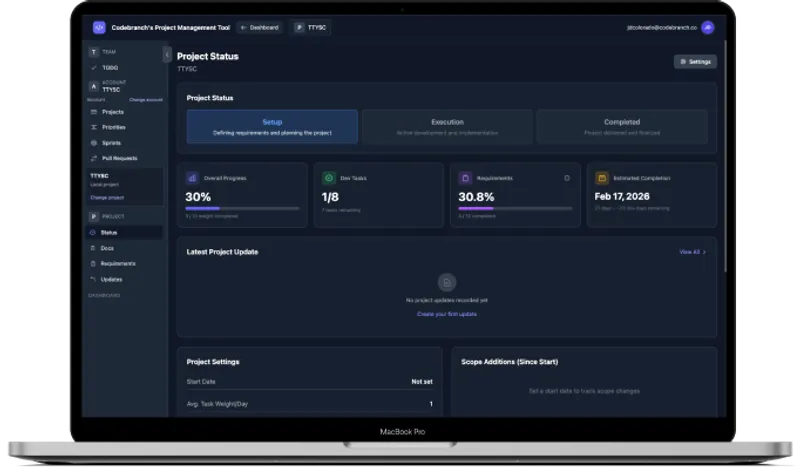 CodeBranch Project Management Platform — Dashboard overview showing project status, requirements progress, and estimated completion